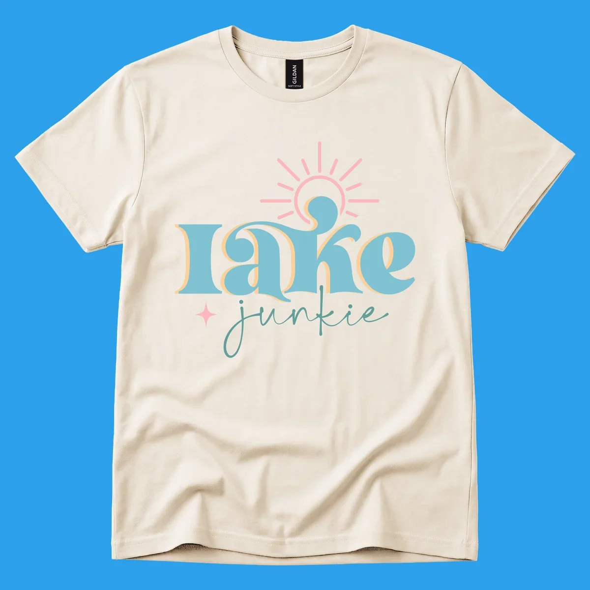 Retro typography design featuring 'lake junkie' with sun and starburst elements, for the lake-junkie-retro concept.