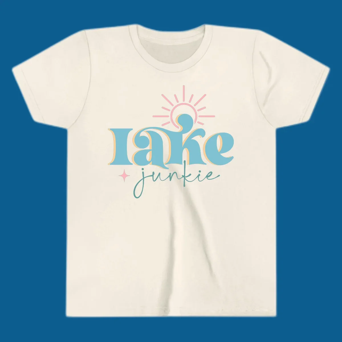 Retro typography design featuring 'lake junkie' with sun and starburst elements, for the lake-junkie-retro concept.