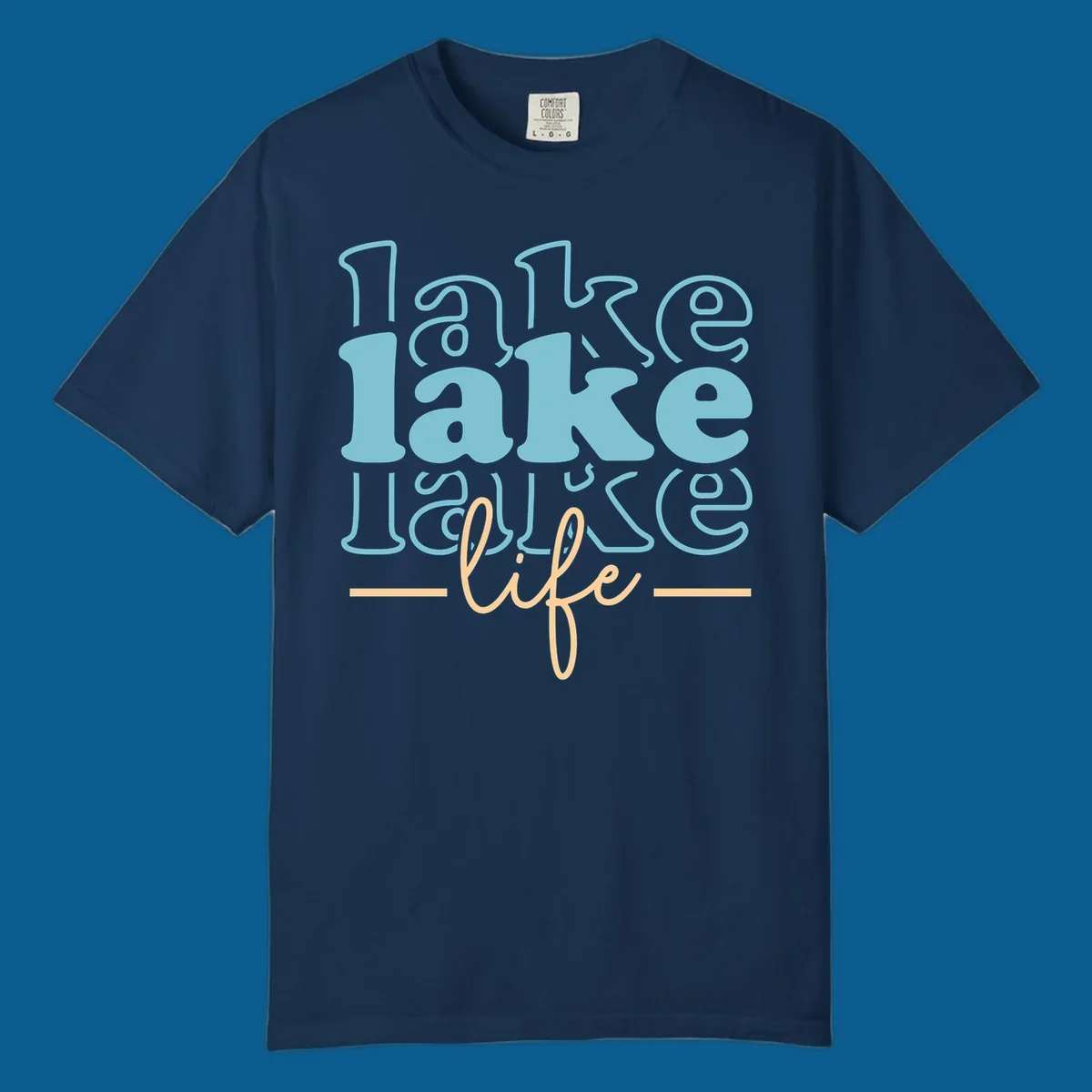 Retro lake life typography design with layered text in blue and peach.