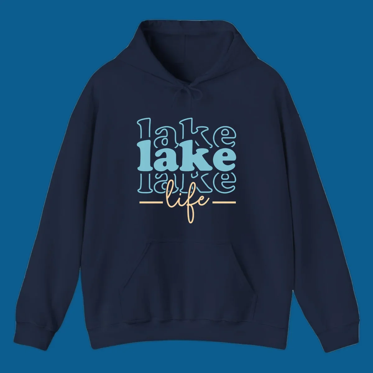 Retro lake life typography design with layered text in blue and peach.