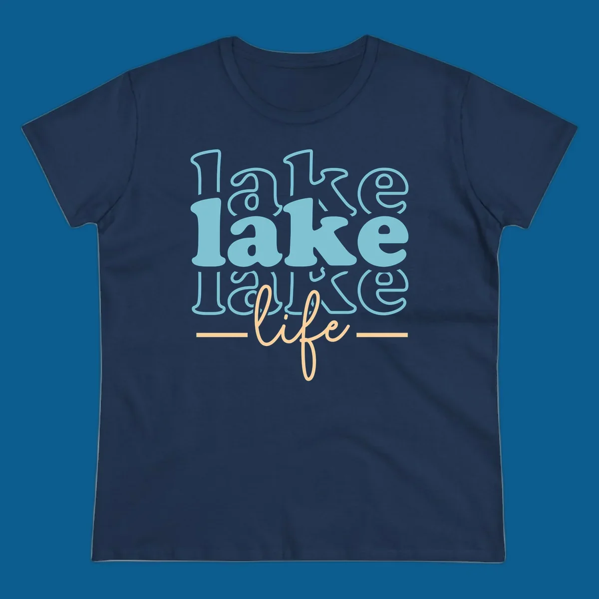 Retro lake life typography design with layered text in blue and peach.