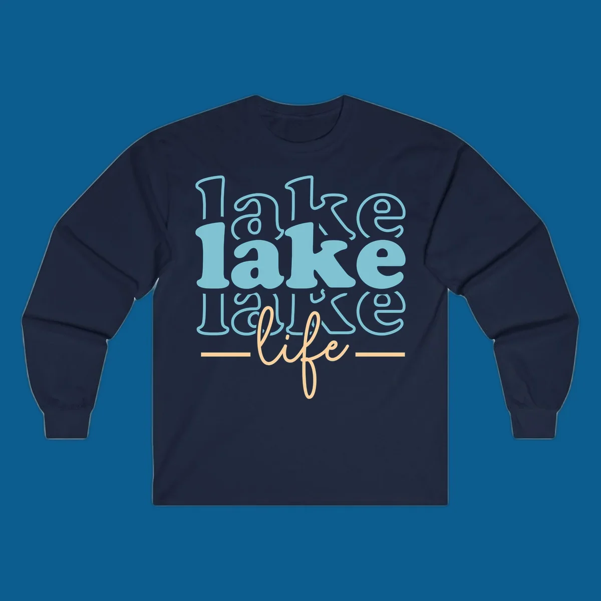 Retro lake life typography design with layered text in blue and peach.