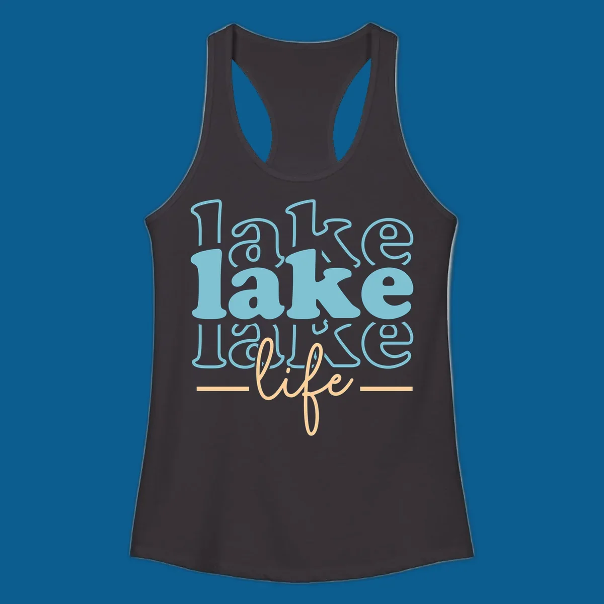 Retro lake life typography design with layered text in blue and peach.