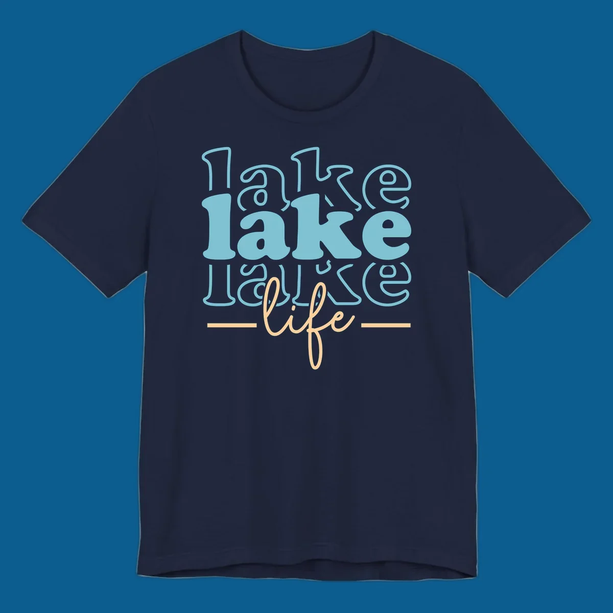 Retro lake life typography design with layered text in blue and peach.