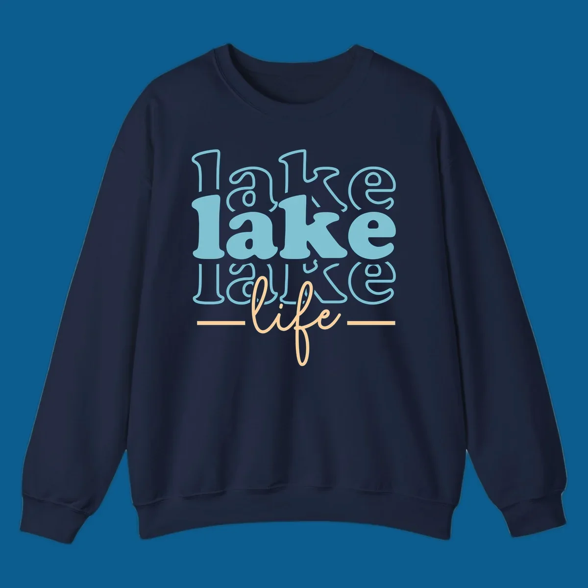 Retro lake life typography design with layered text in blue and peach.