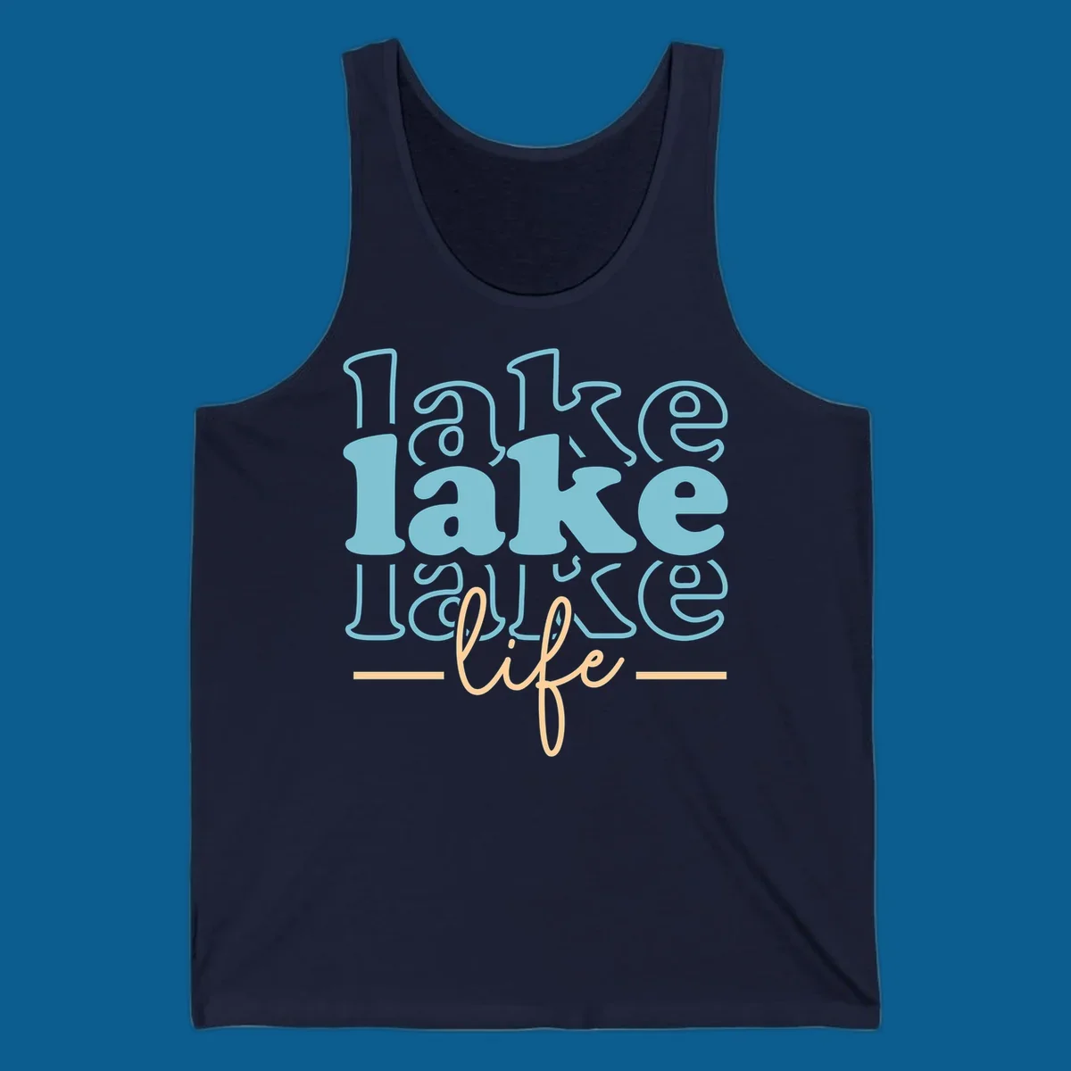 Retro lake life typography design with layered text in blue and peach.