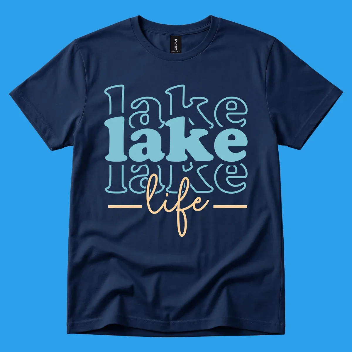 Retro lake life typography design with layered text in blue and peach.