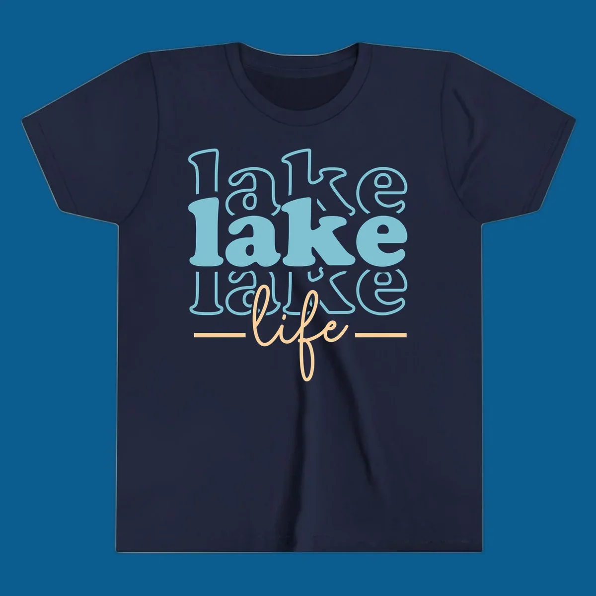 Retro lake life typography design with layered text in blue and peach.
