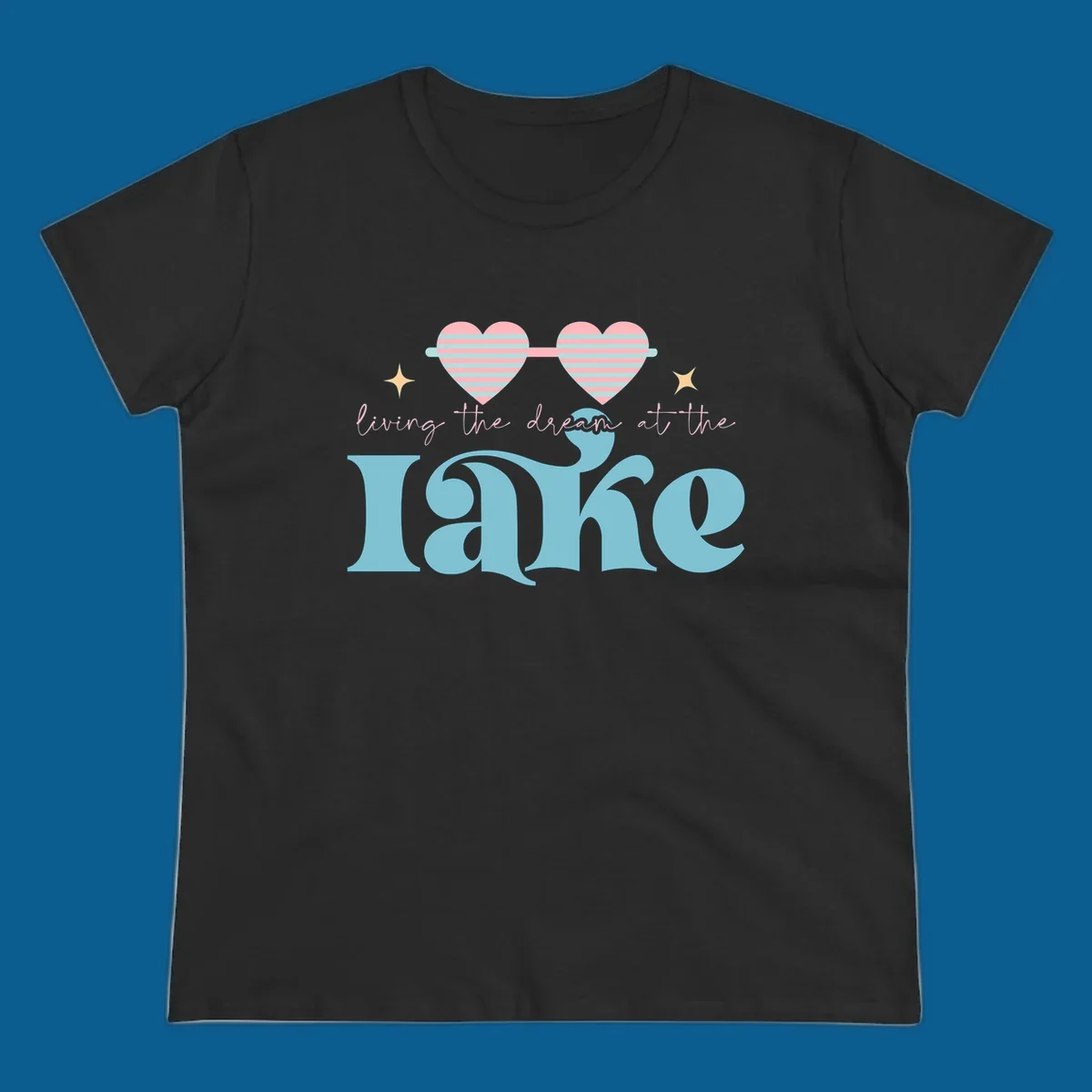 Living the dream lake life design with heart sunglasses and retro lettering.