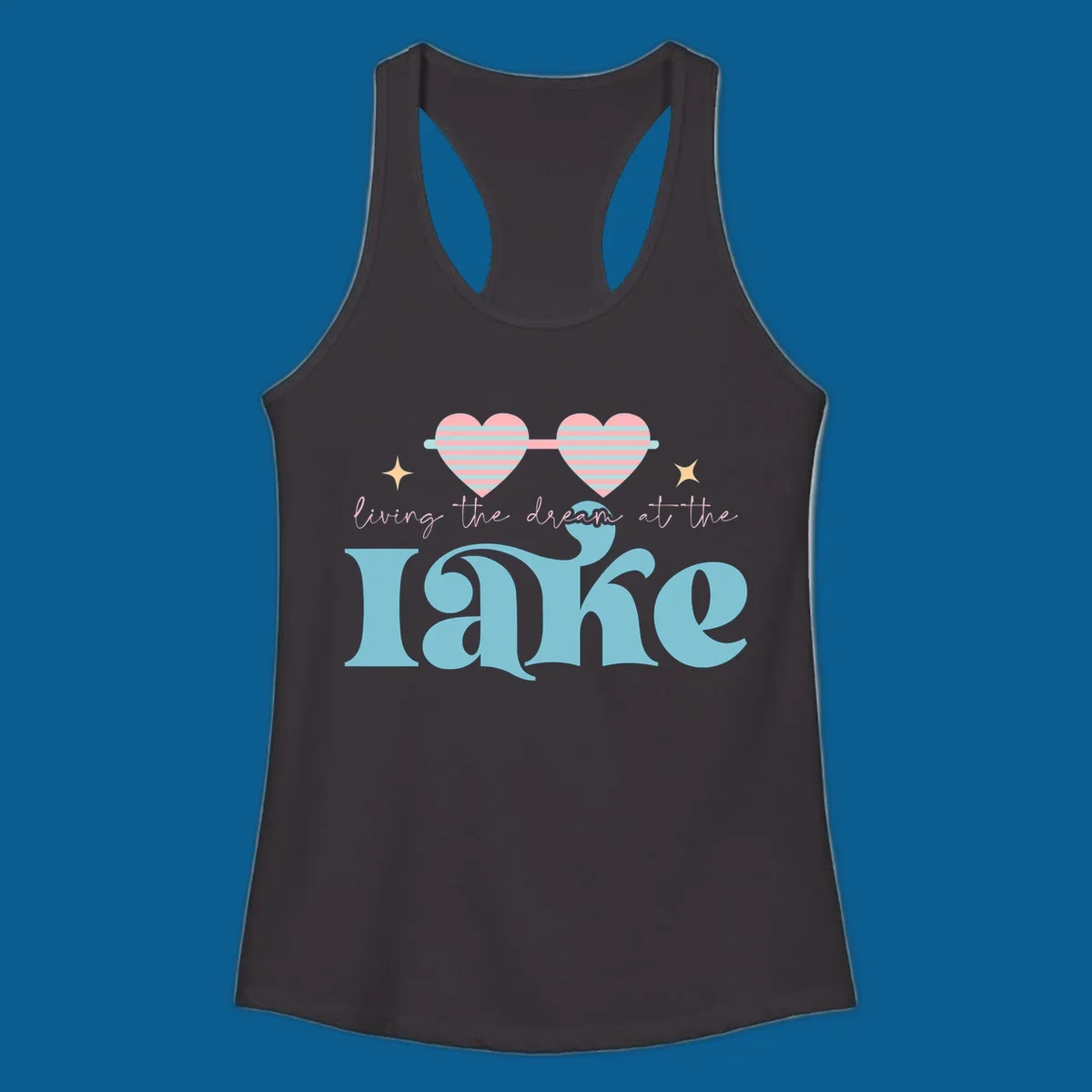 Living the dream lake life design with heart sunglasses and retro lettering.