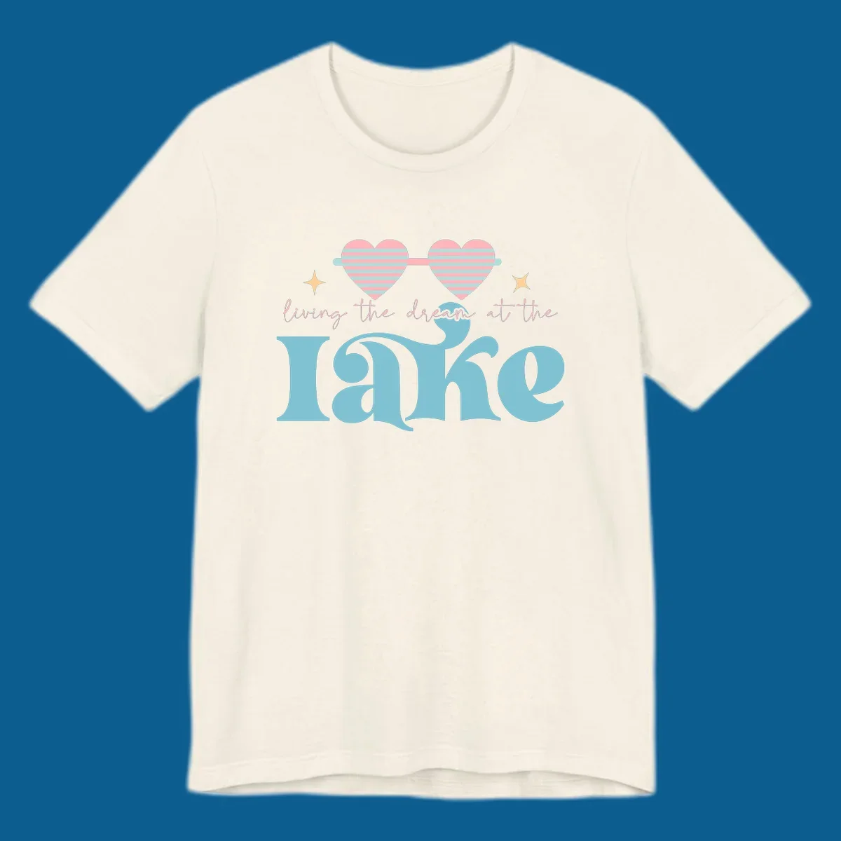 Living the dream lake life design with heart sunglasses and retro lettering.