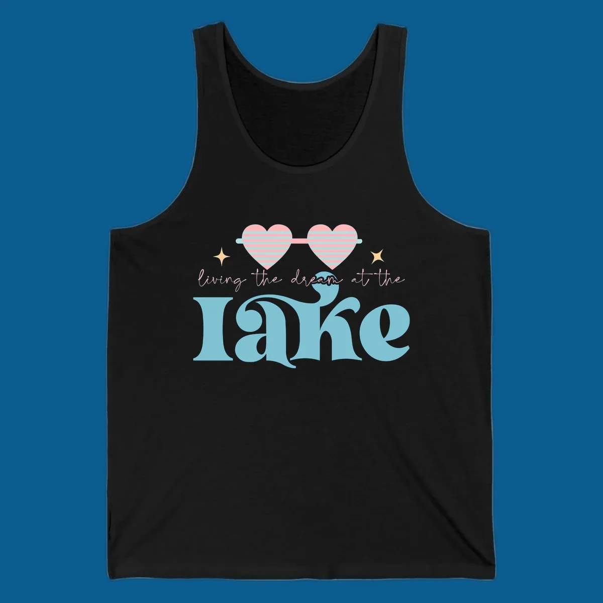 Living the dream lake life design with heart sunglasses and retro lettering.