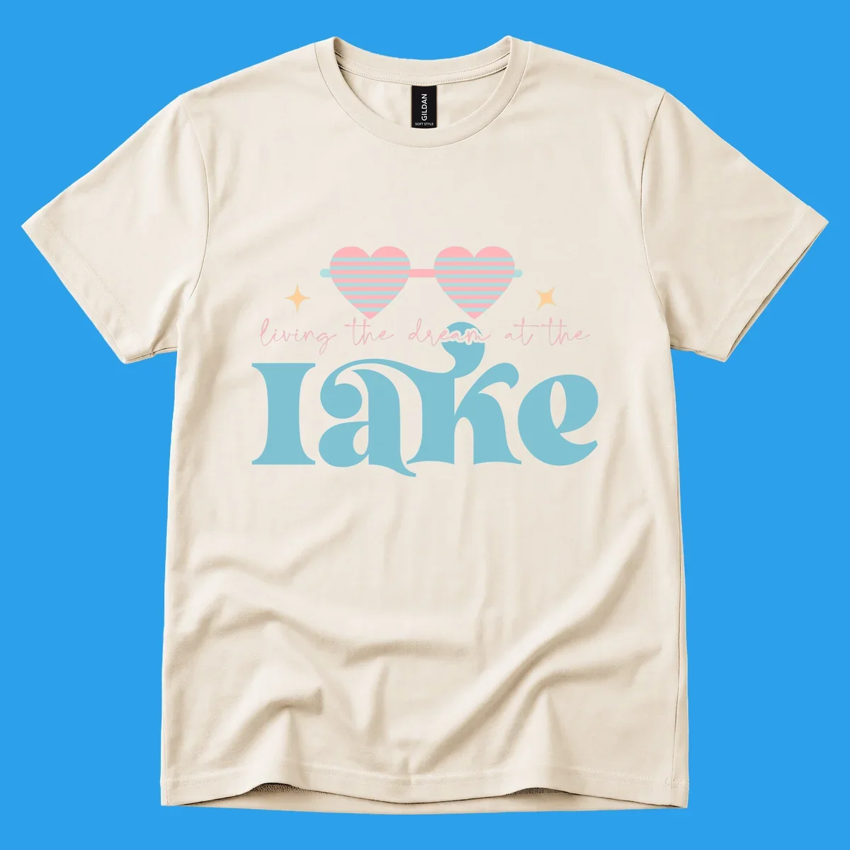 Living the dream lake life design with heart sunglasses and retro lettering.