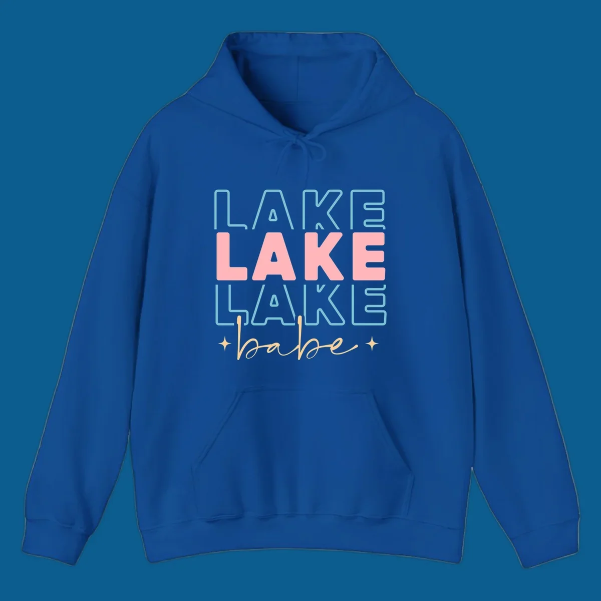 Retro typography design featuring the words LAKE LAKE LAKE and babe, with gold starburst accents.