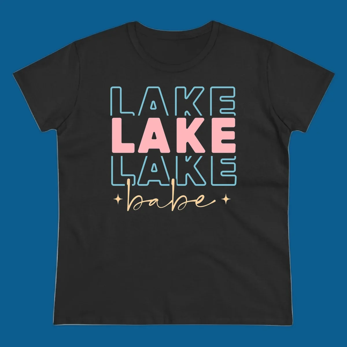 Retro typography design featuring the words LAKE LAKE LAKE and babe, with gold starburst accents.