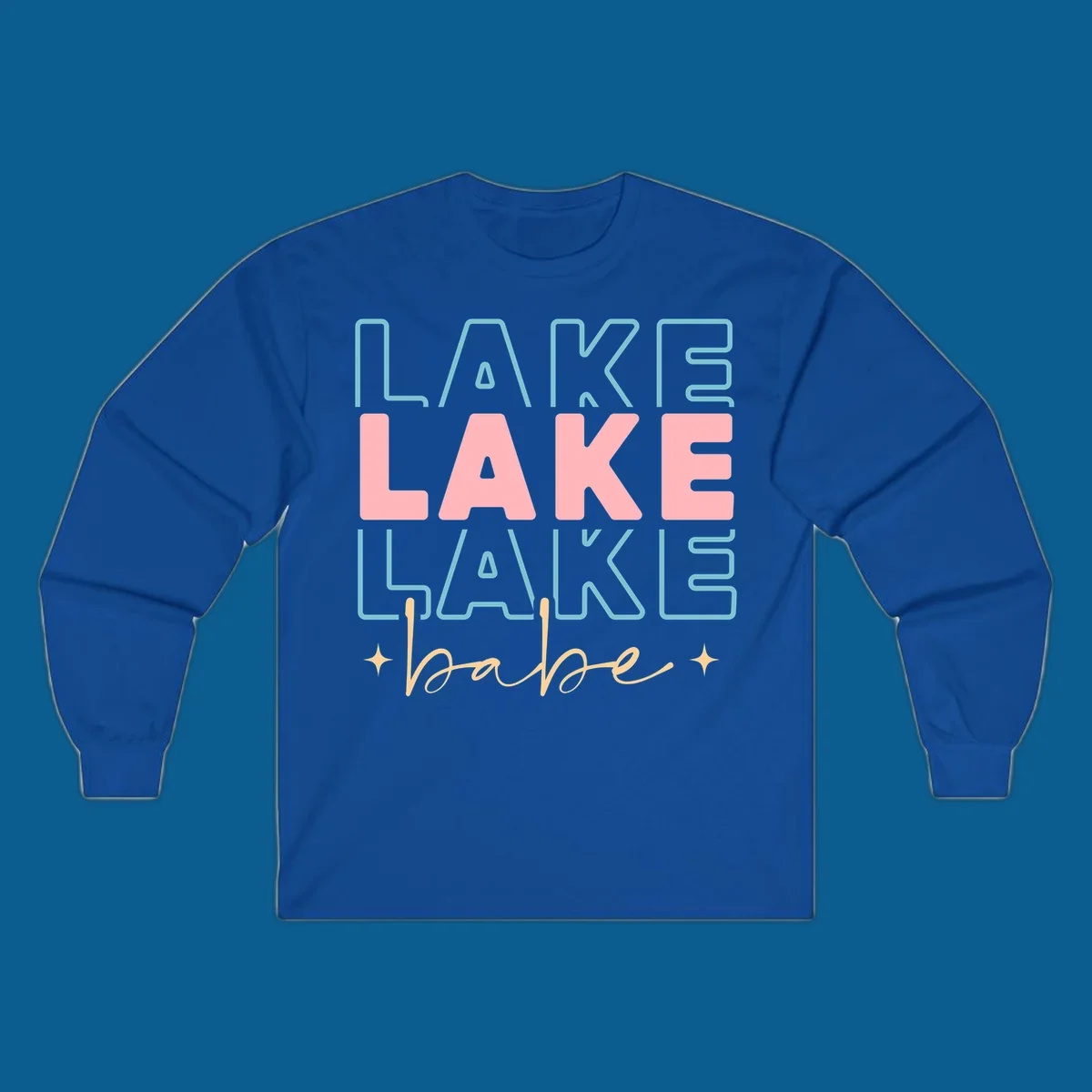 Retro typography design featuring the words LAKE LAKE LAKE and babe, with gold starburst accents.