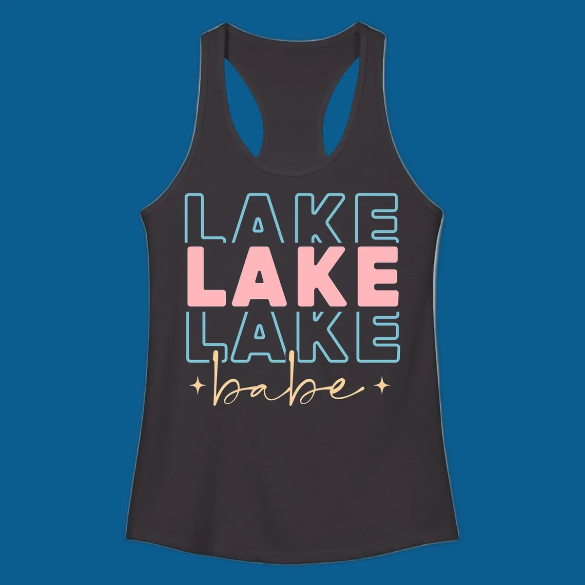 Retro typography design featuring the words LAKE LAKE LAKE and babe, with gold starburst accents.