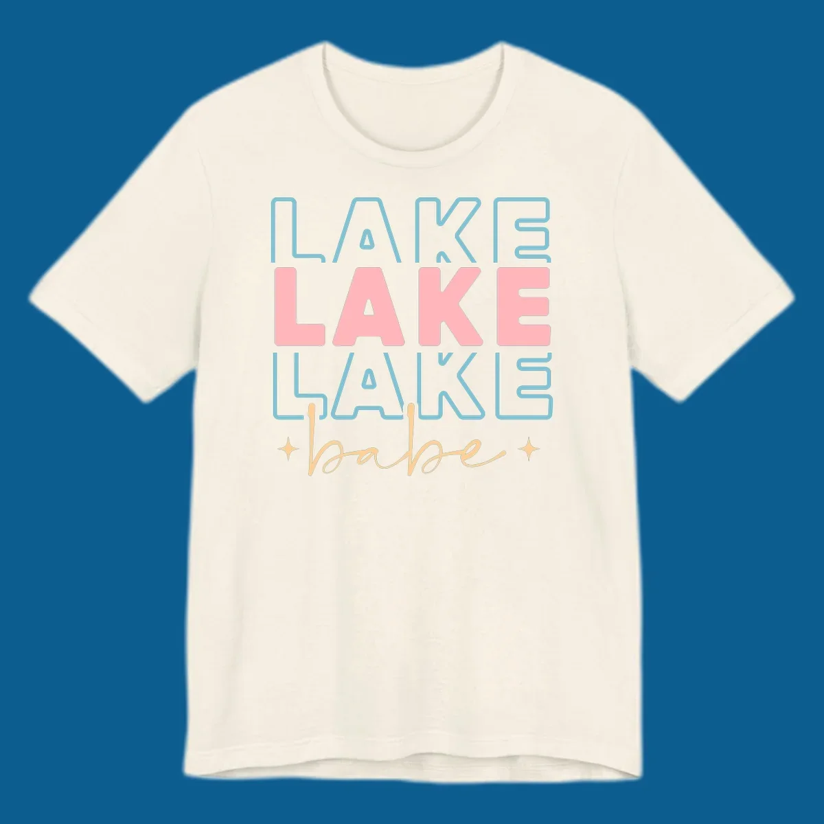 Retro typography design featuring the words LAKE LAKE LAKE and babe, with gold starburst accents.