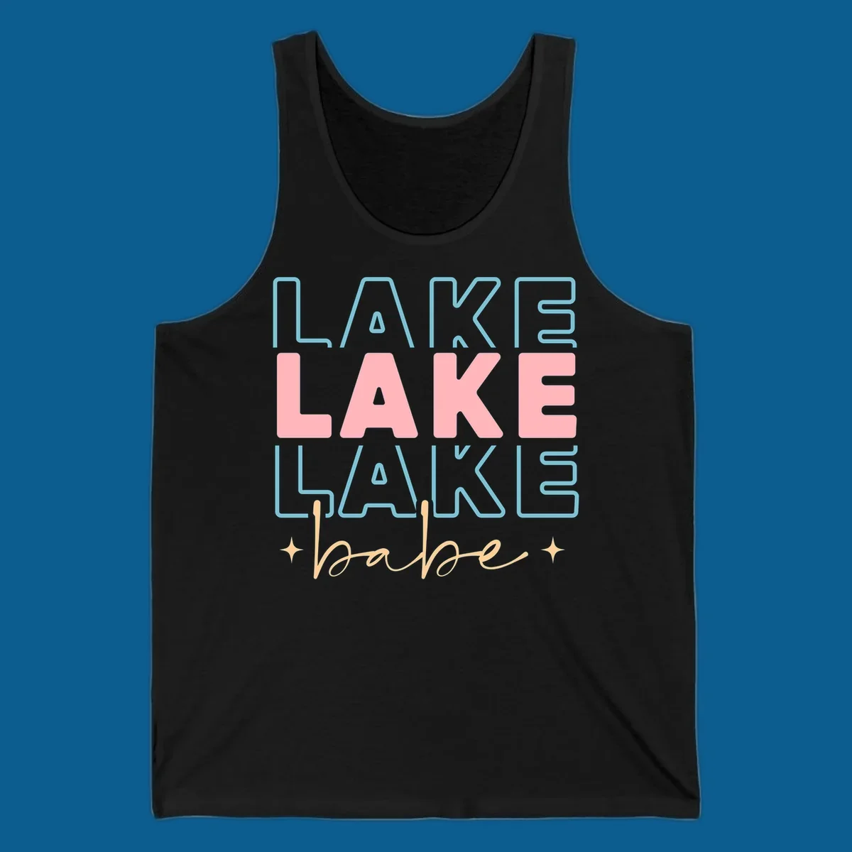 Retro typography design featuring the words LAKE LAKE LAKE and babe, with gold starburst accents.