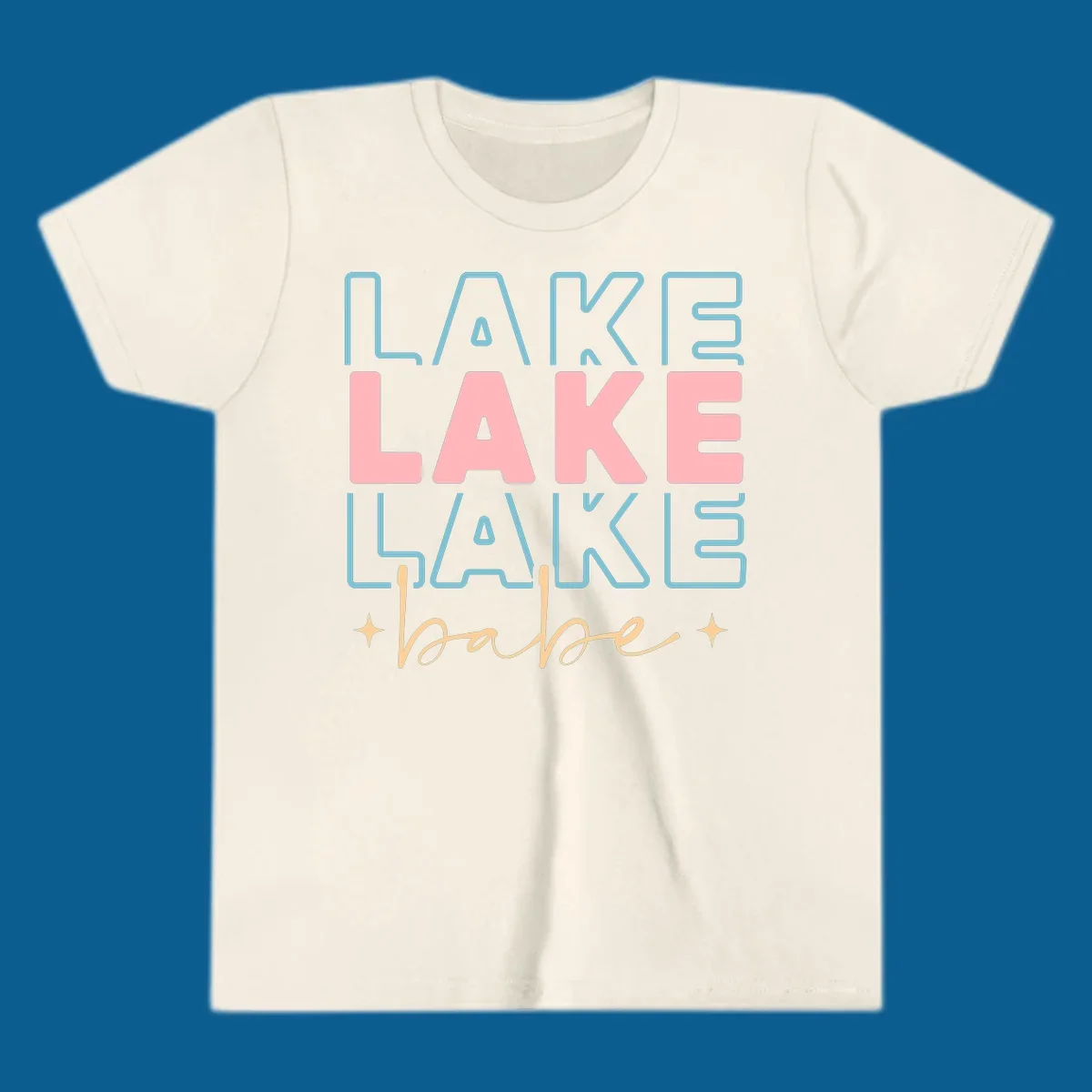 Retro typography design featuring the words LAKE LAKE LAKE and babe, with gold starburst accents.
