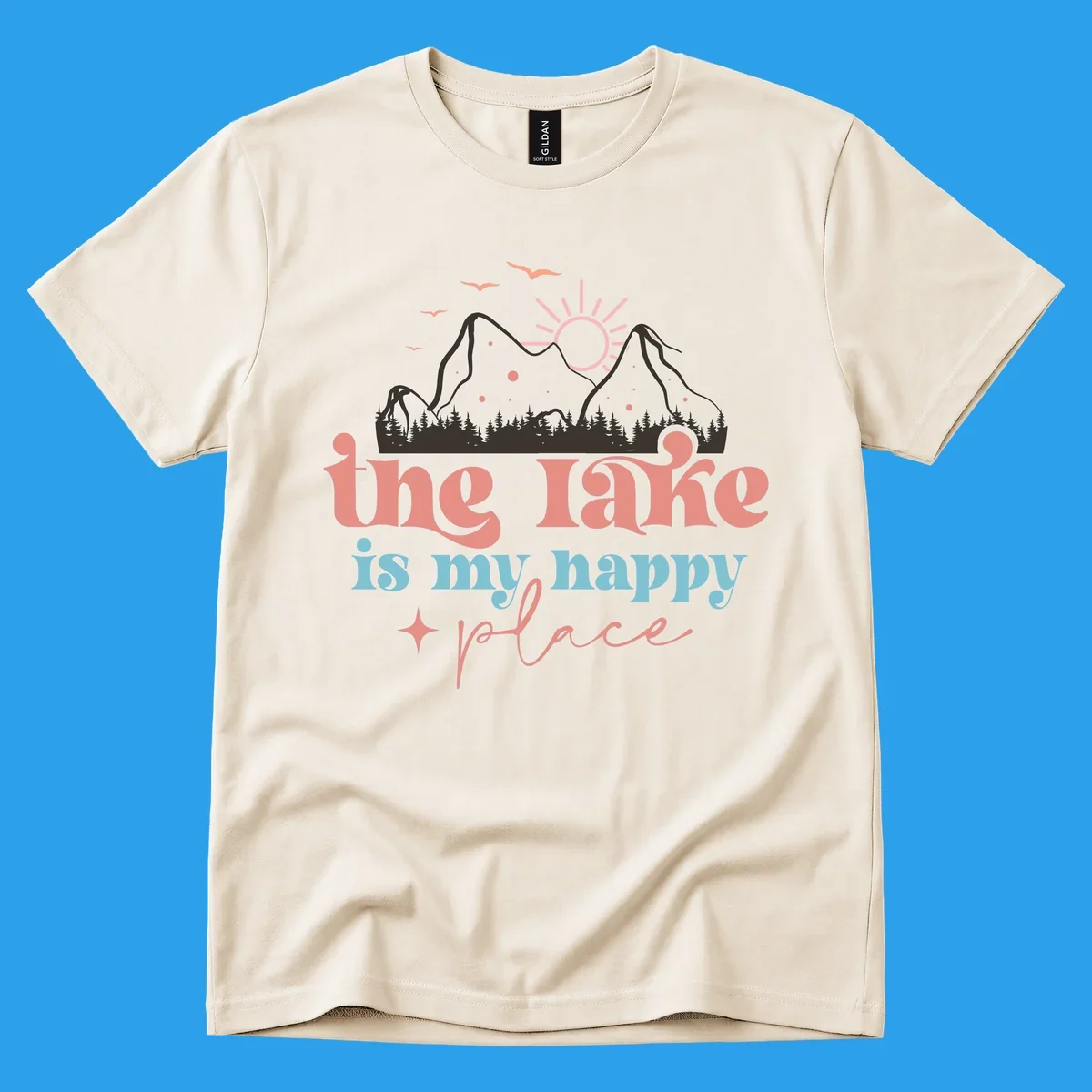 The lake is my happy place mountains sun birds text graphic