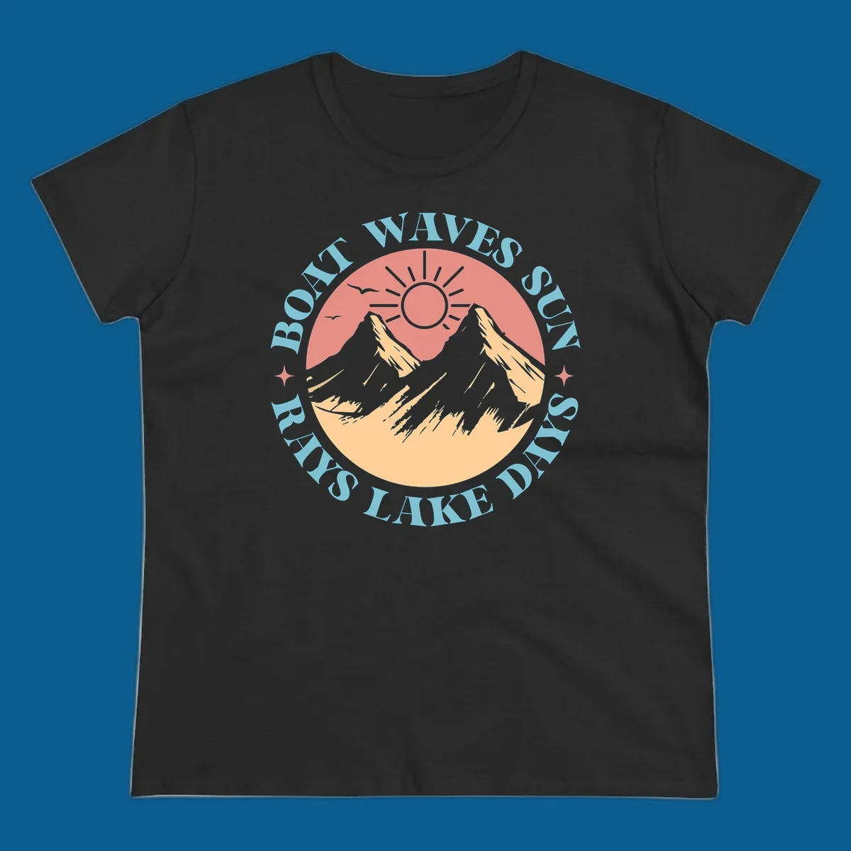 Lake days sun rays boat waves circular graphic with mountains and sun.