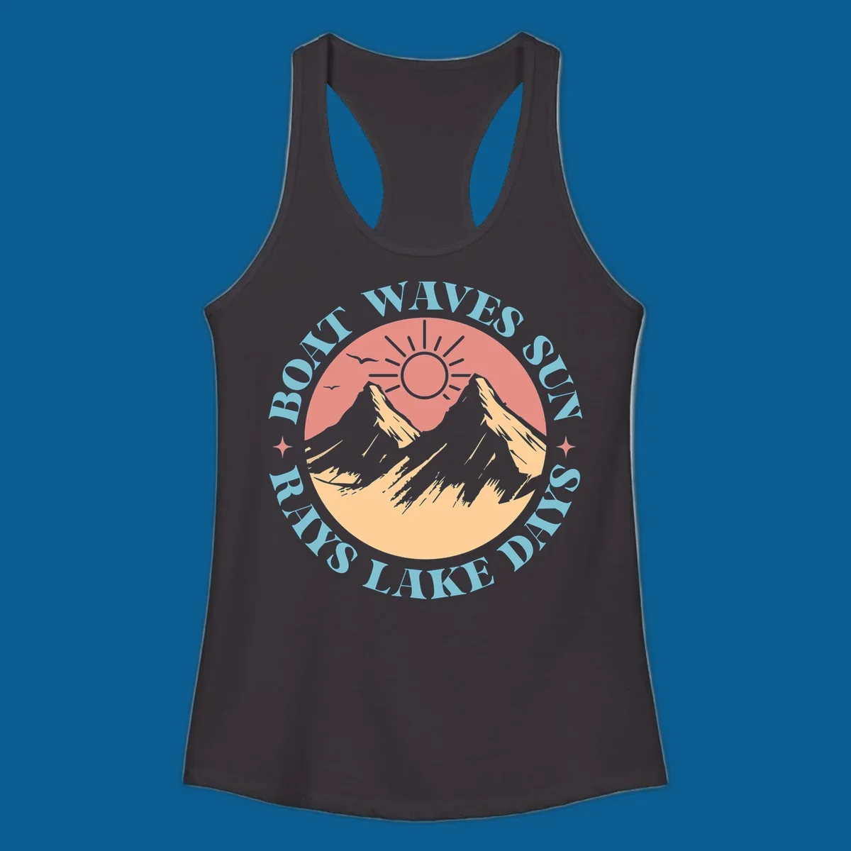 Lake days sun rays boat waves circular graphic with mountains and sun.