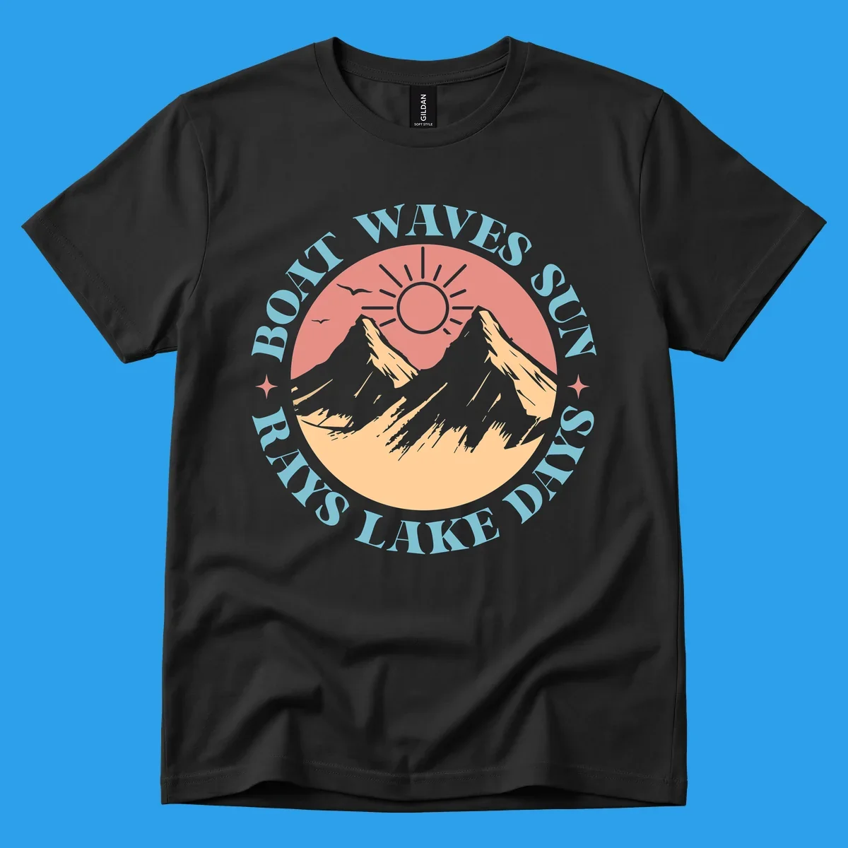 Lake days sun rays boat waves circular graphic with mountains and sun.