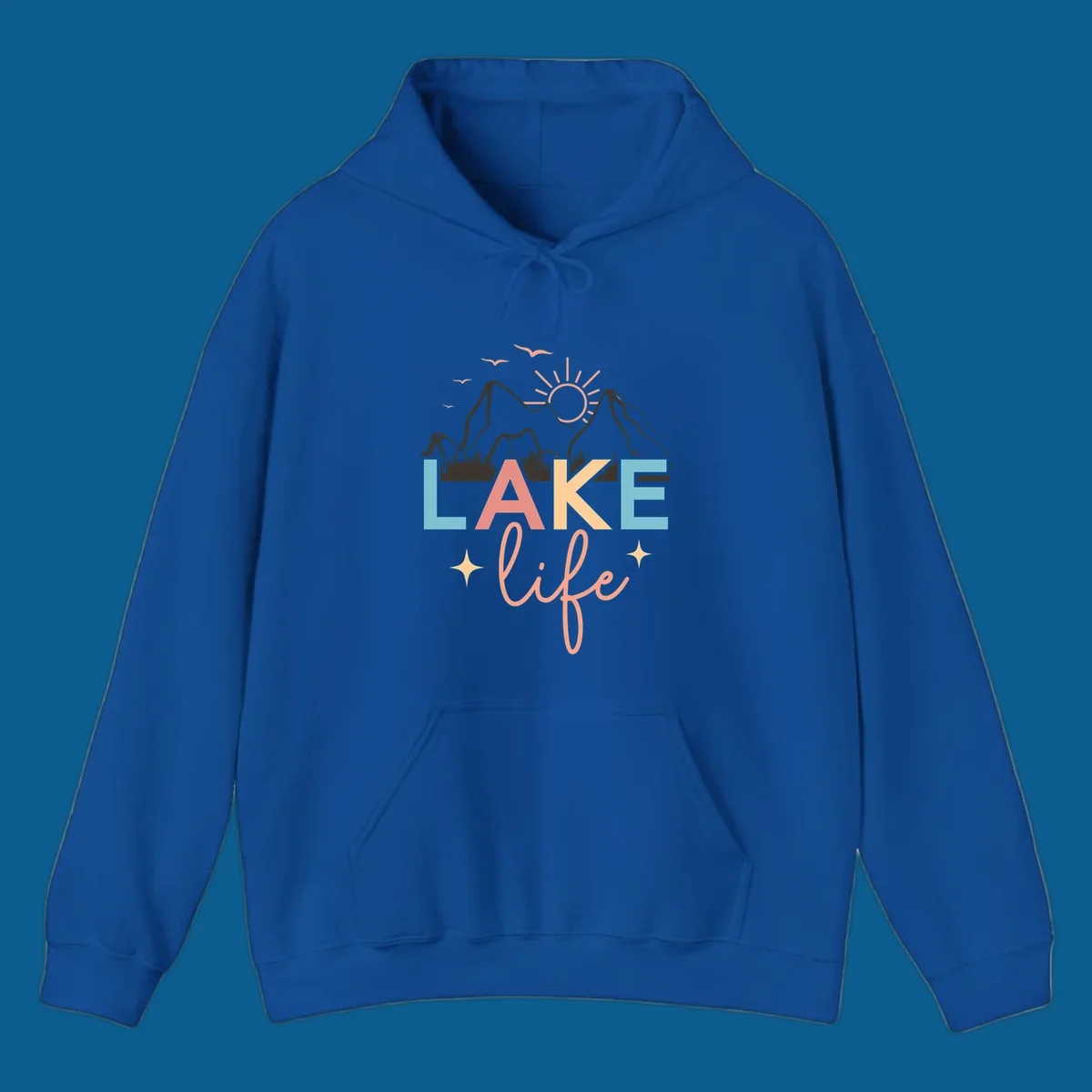 Lake life mountains graphic with colorful text and scenic background.