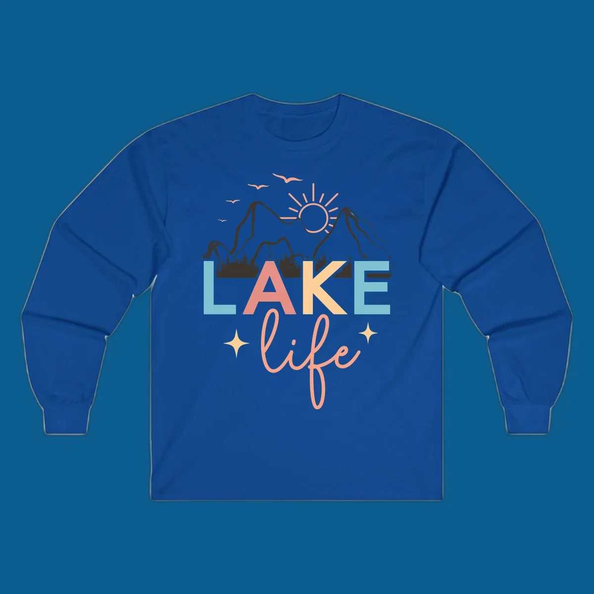 Lake life mountains graphic with colorful text and scenic background.