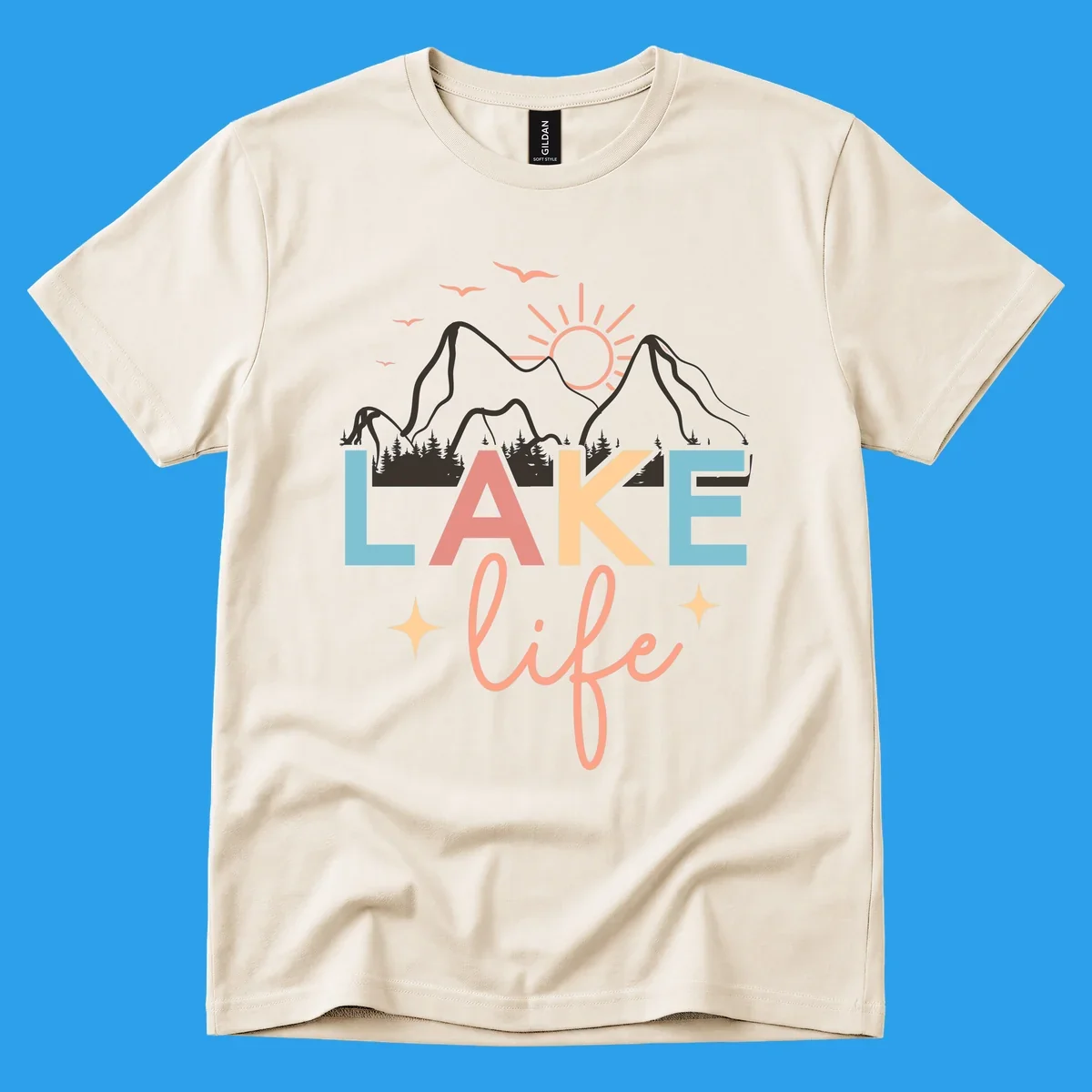 Lake life mountains graphic with colorful text and scenic background.