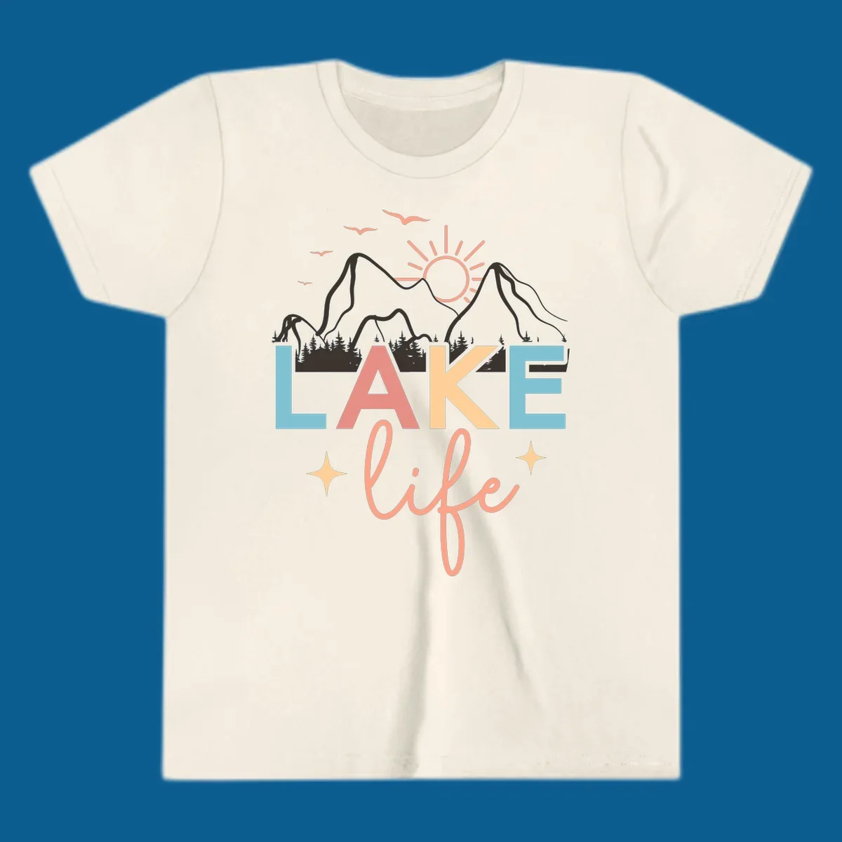 Lake life mountains graphic with colorful text and scenic background.