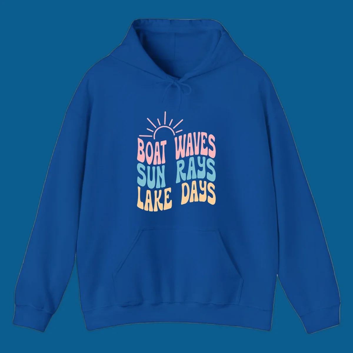 Retro text design featuring 'Boat Waves Sun Rays Lake Days' with sun rays.