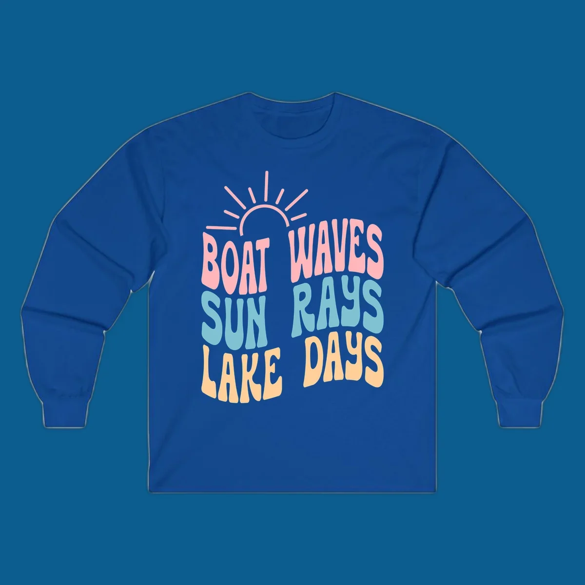 Retro text design featuring 'Boat Waves Sun Rays Lake Days' with sun rays.