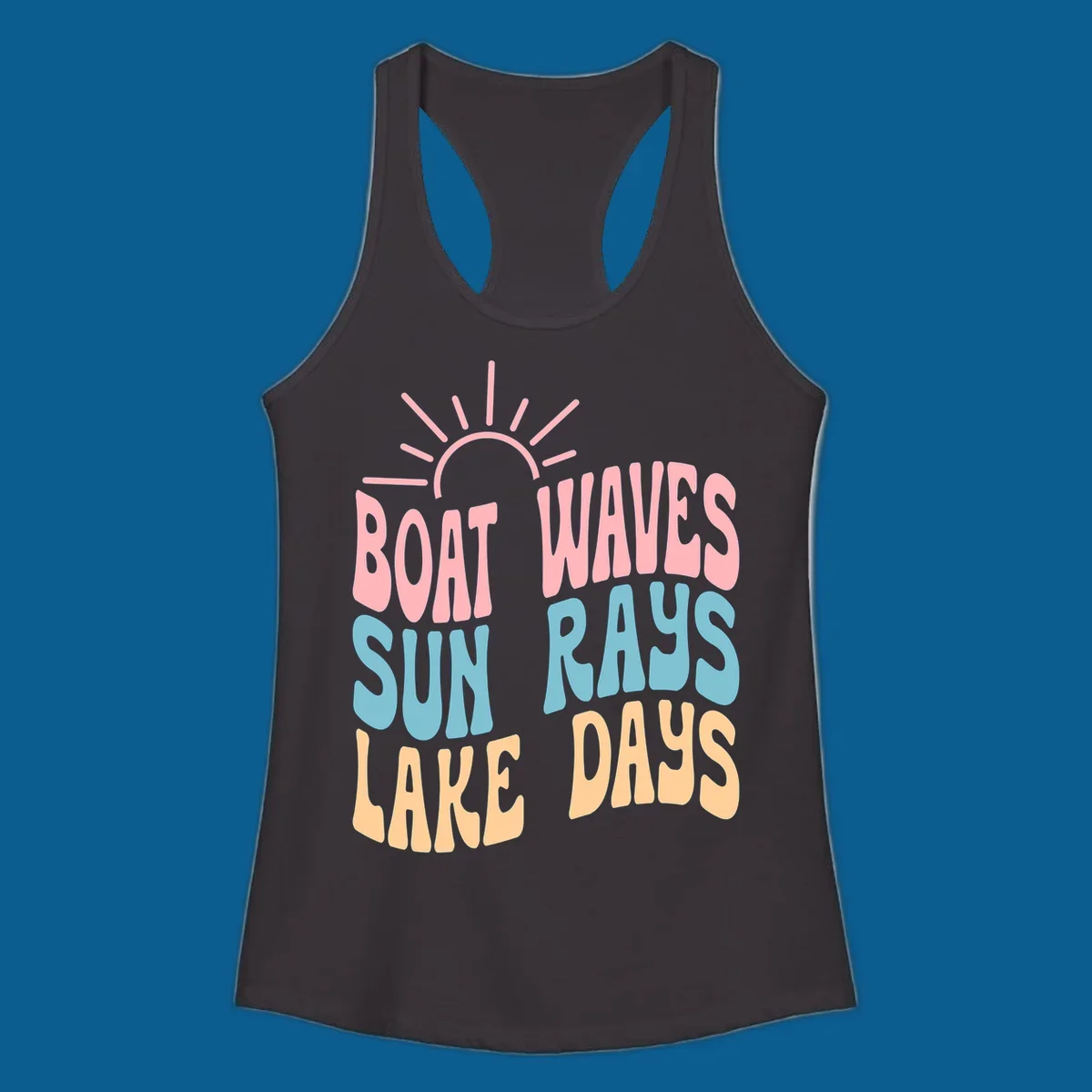 Retro text design featuring 'Boat Waves Sun Rays Lake Days' with sun rays.