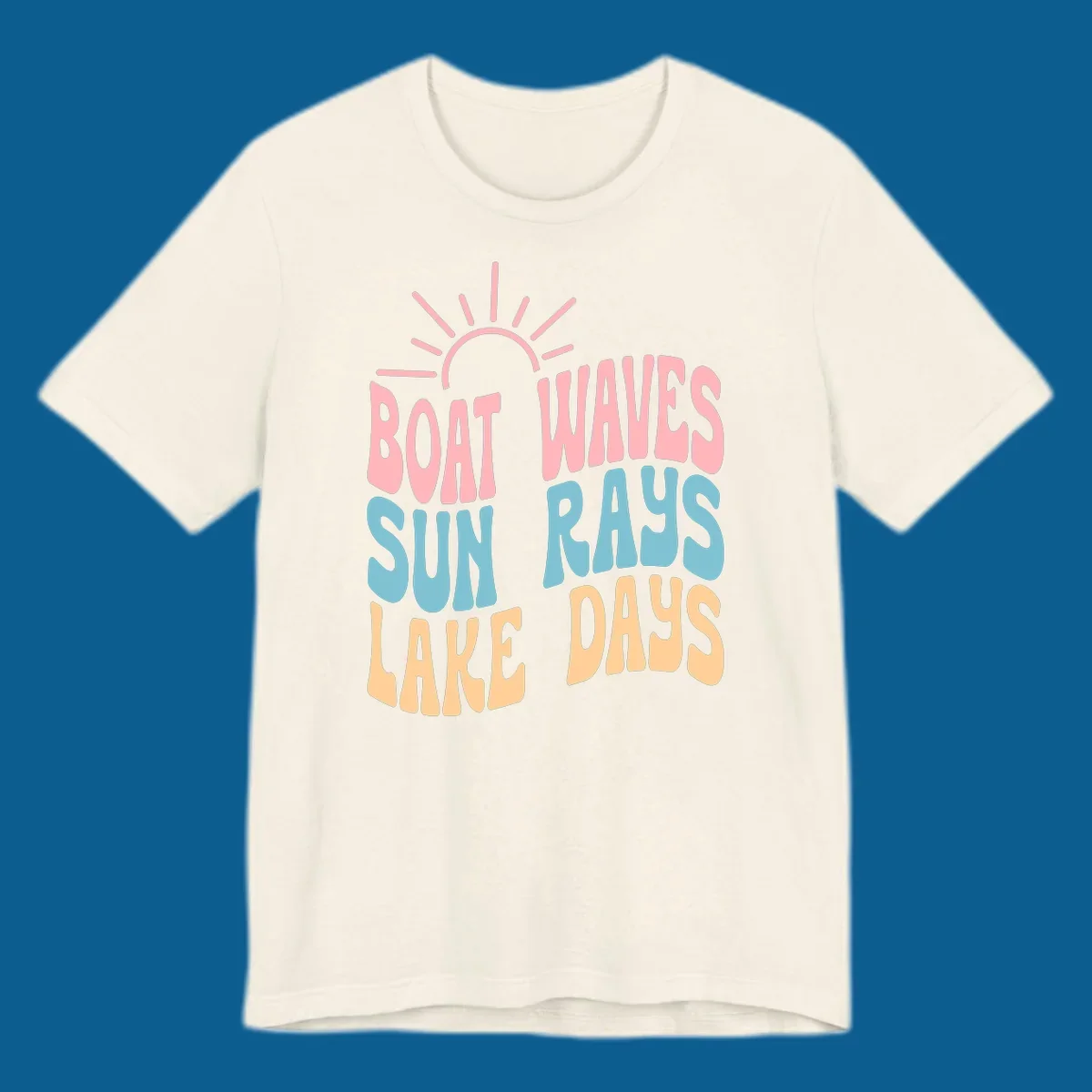 Retro text design featuring 'Boat Waves Sun Rays Lake Days' with sun rays.