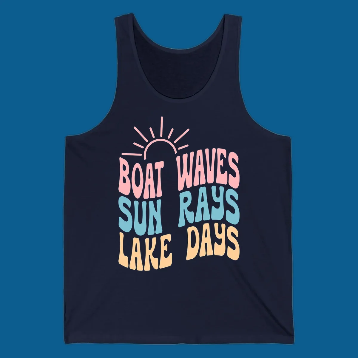 Retro text design featuring 'Boat Waves Sun Rays Lake Days' with sun rays.