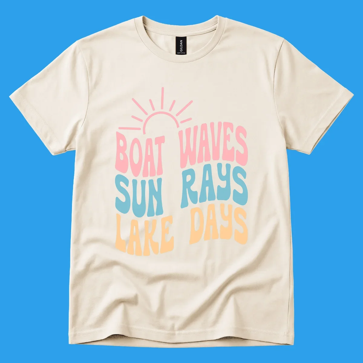 Retro text design featuring 'Boat Waves Sun Rays Lake Days' with sun rays.