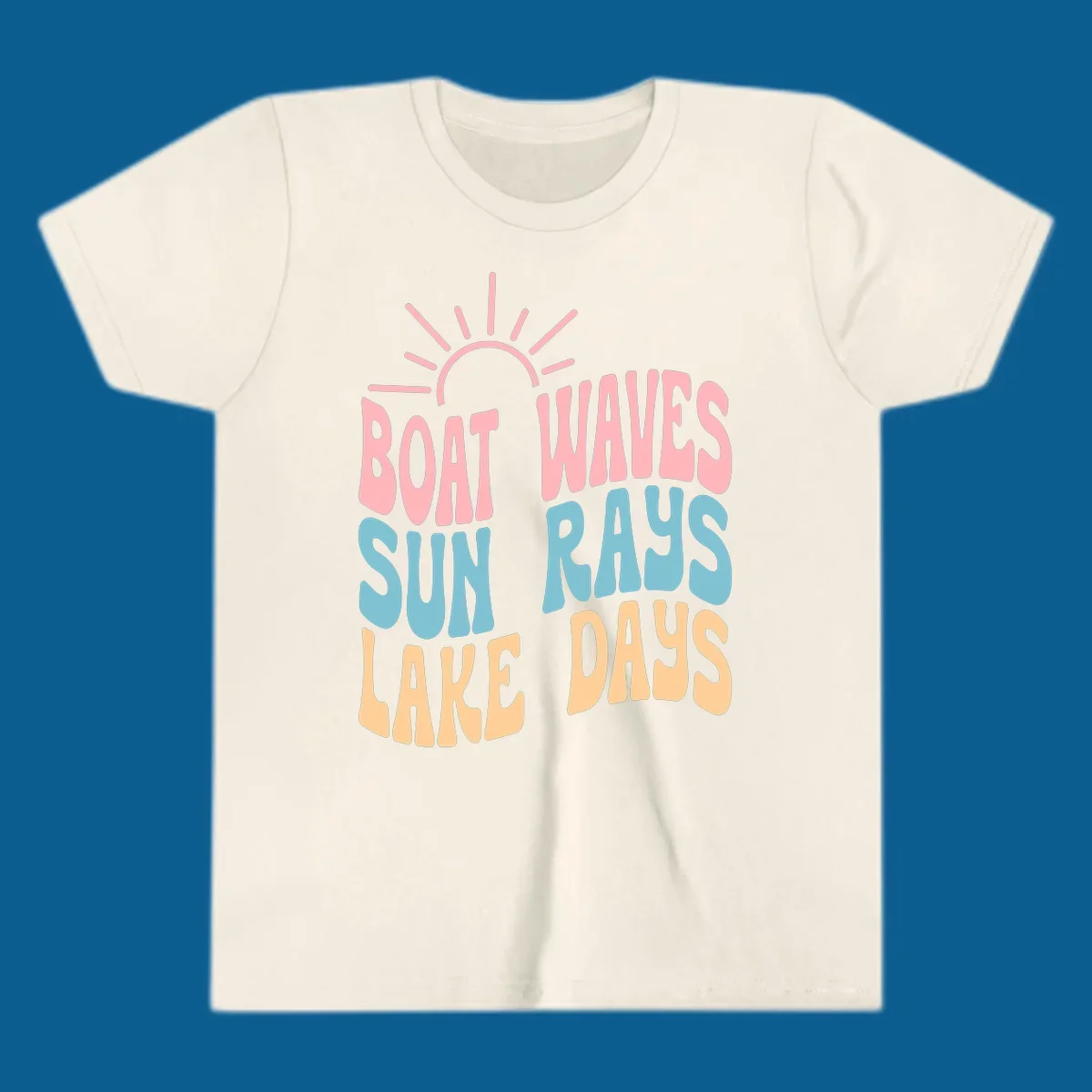 Retro text design featuring 'Boat Waves Sun Rays Lake Days' with sun rays.