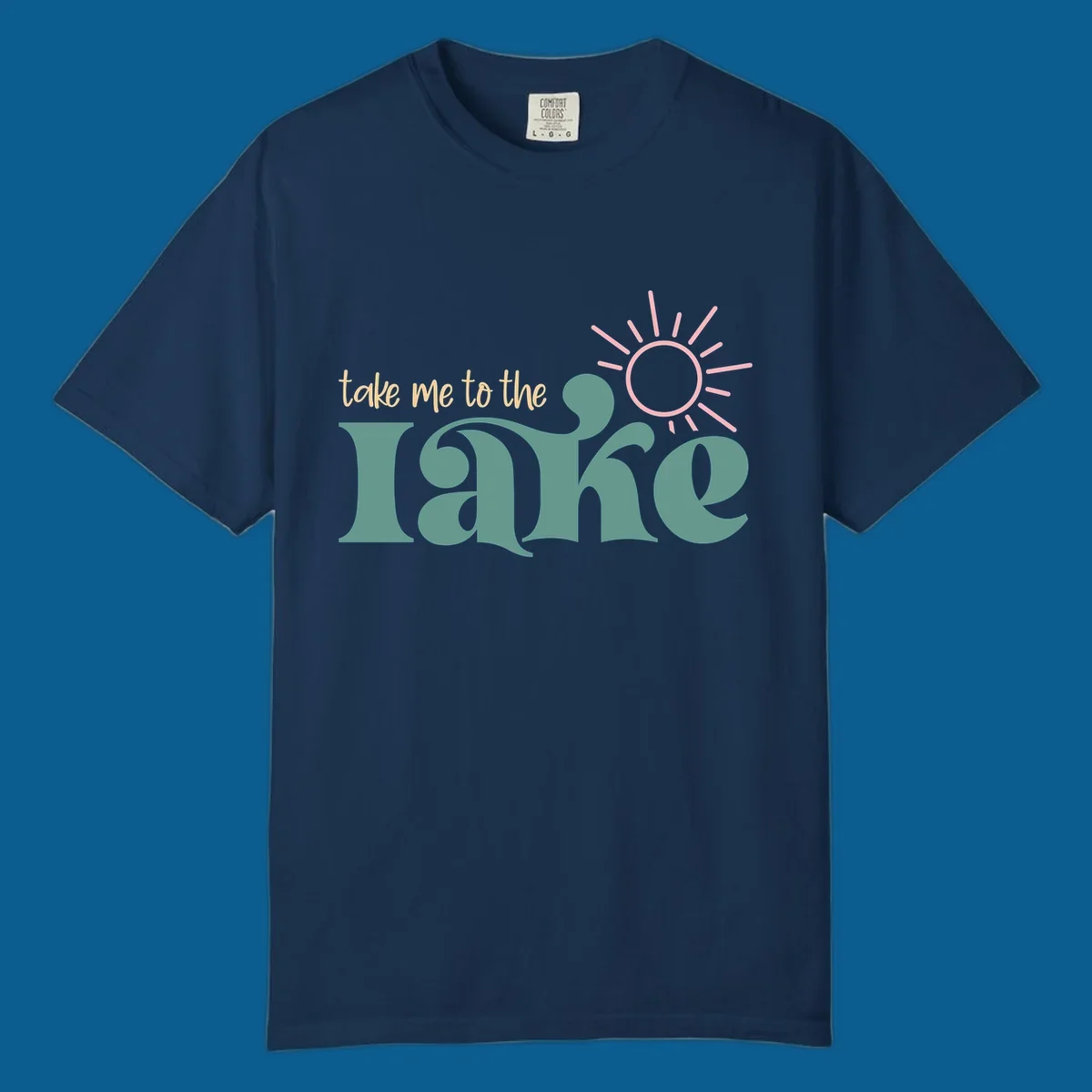 Retro 'take me to the lake' text with a sun graphic, lake life design.
