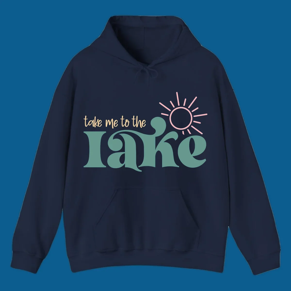 Retro 'take me to the lake' text with a sun graphic, lake life design.