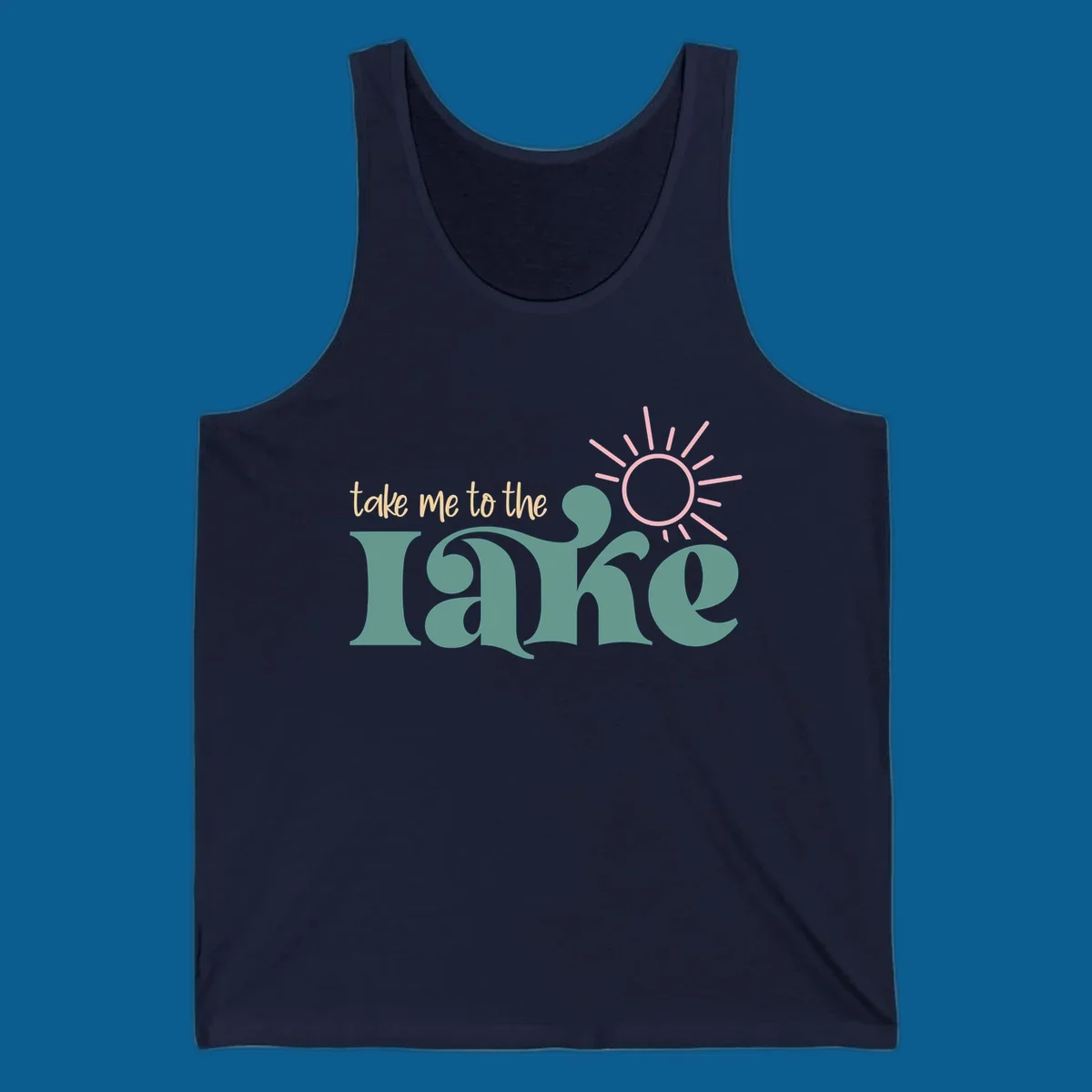 Retro 'take me to the lake' text with a sun graphic, lake life design.
