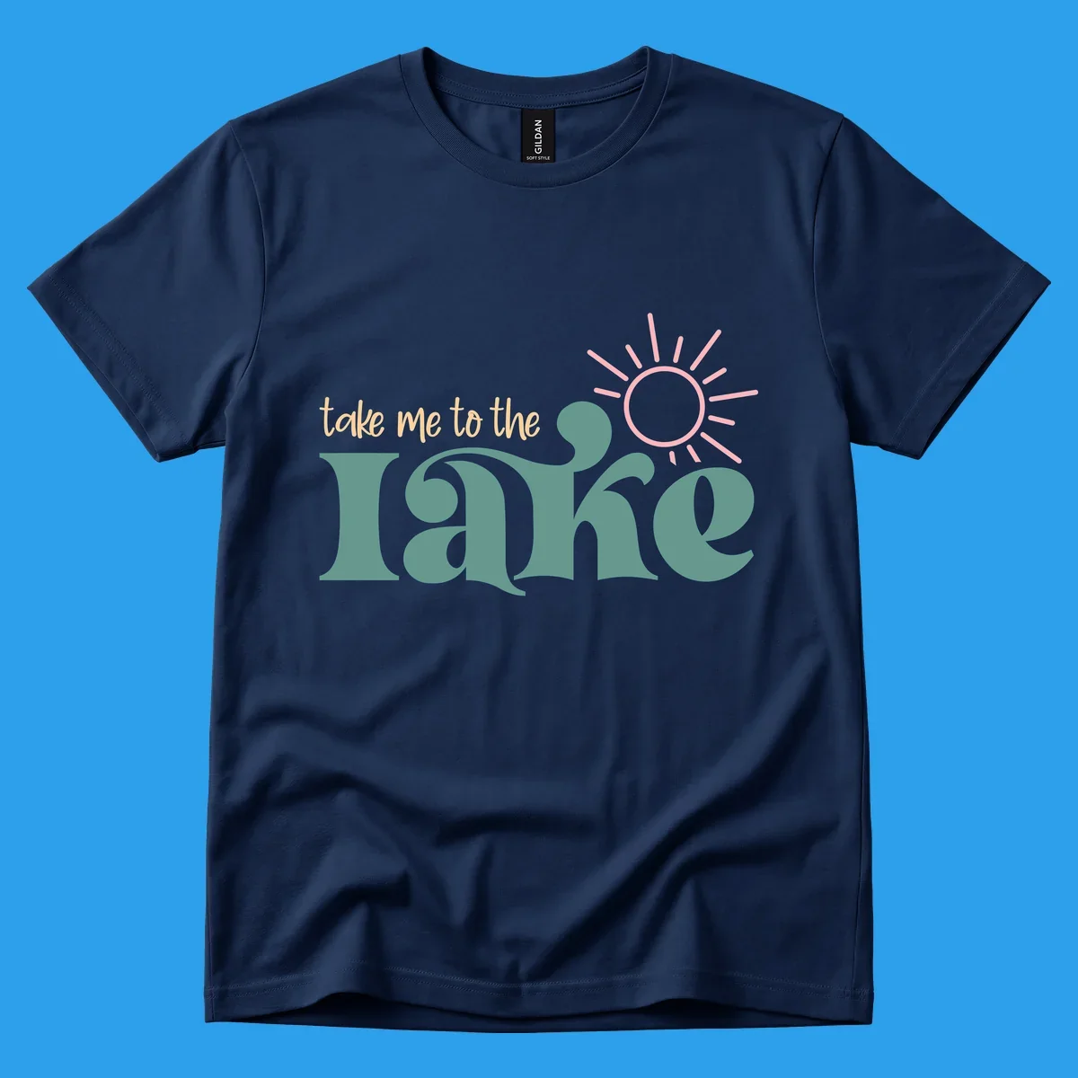 Retro 'take me to the lake' text with a sun graphic, lake life design.