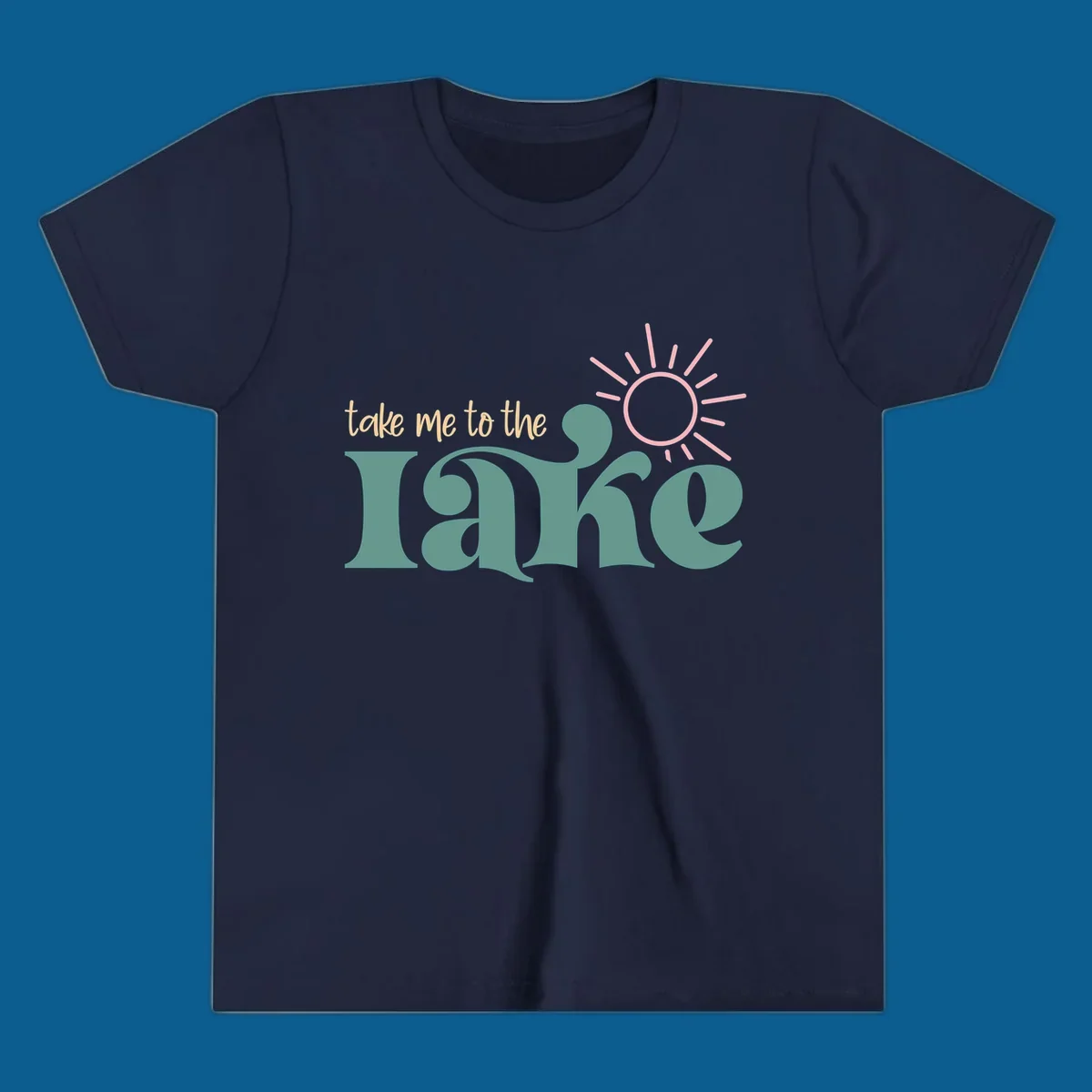 Retro 'take me to the lake' text with a sun graphic, lake life design.