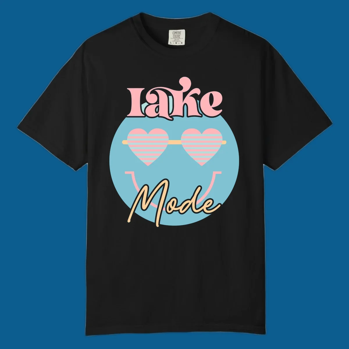 Lake Mode retro smiley face with heart sunglasses graphic