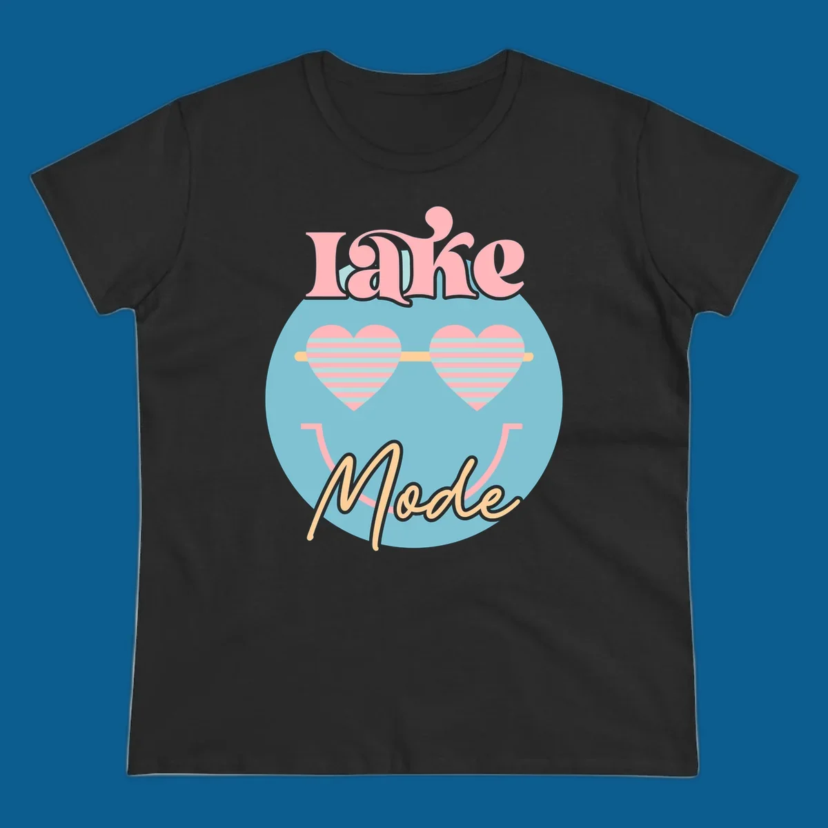 Lake Mode retro smiley face with heart sunglasses graphic