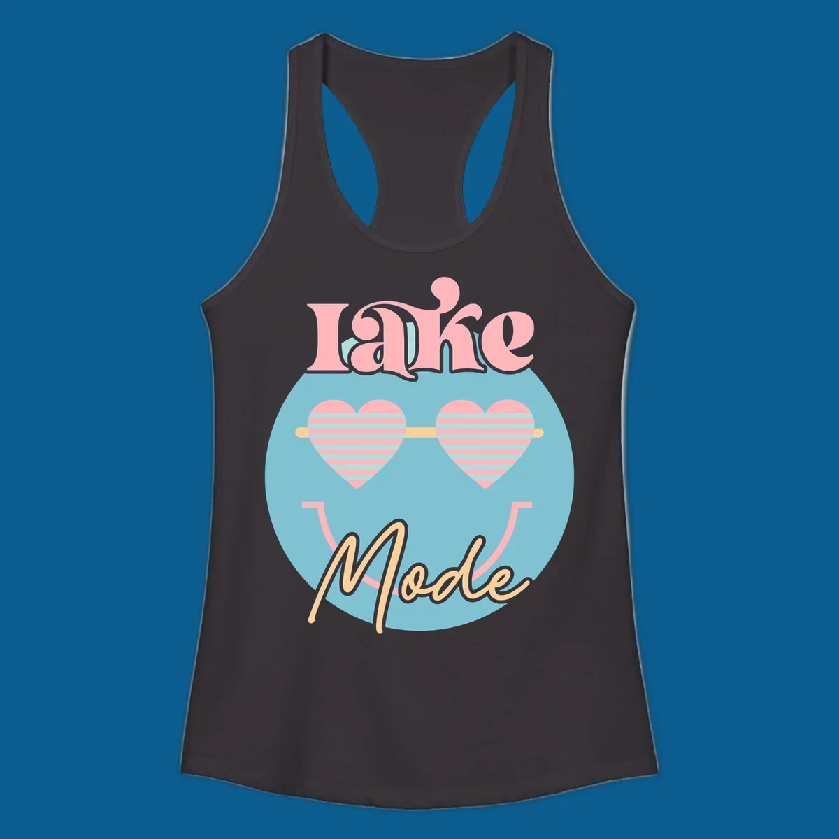 Lake Mode retro smiley face with heart sunglasses graphic