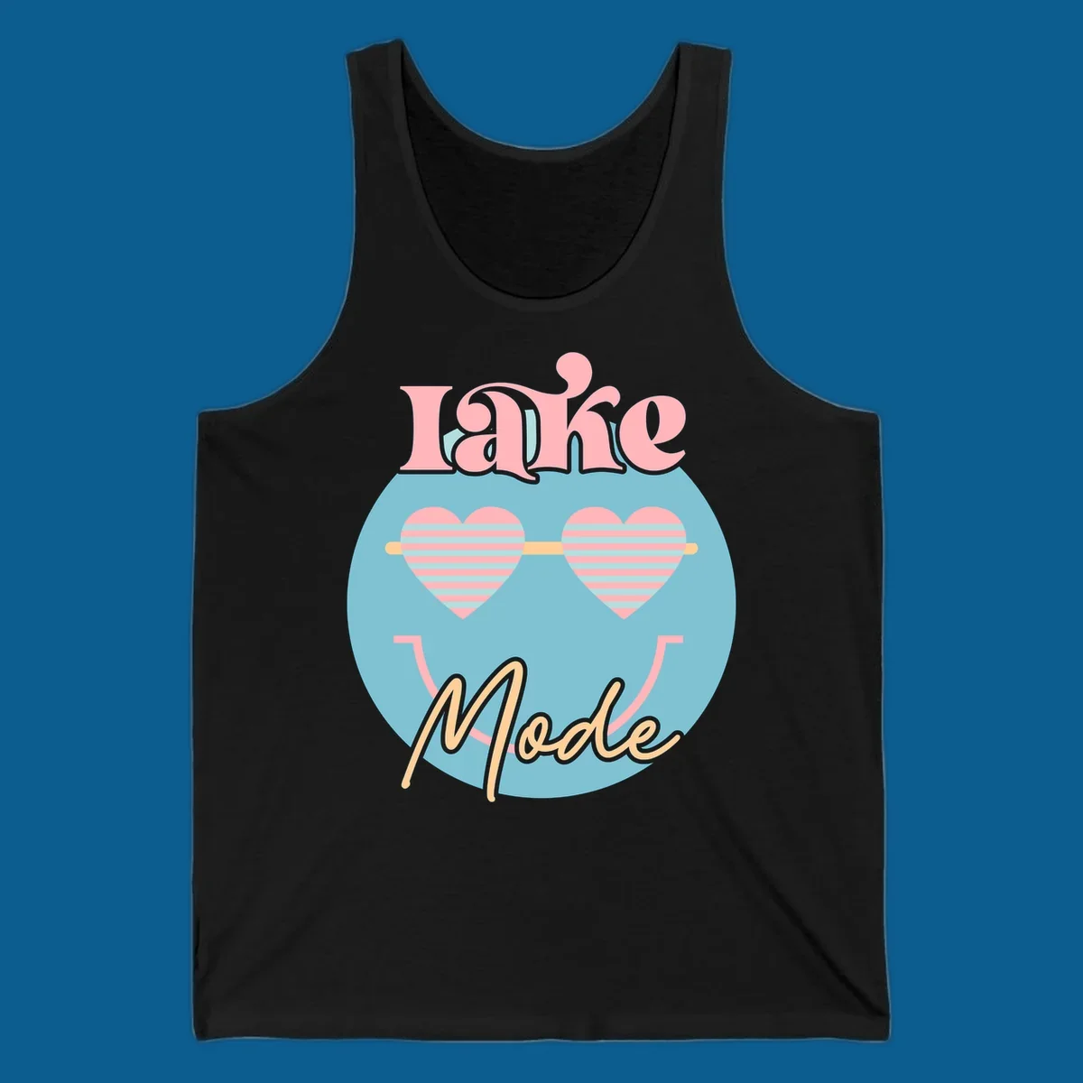Lake Mode retro smiley face with heart sunglasses graphic