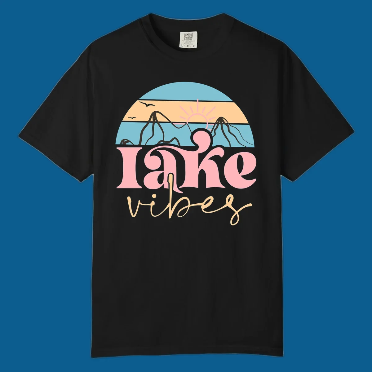 Retro lake vibes design with sunset, mountains, and birds. lake-vibes-retro