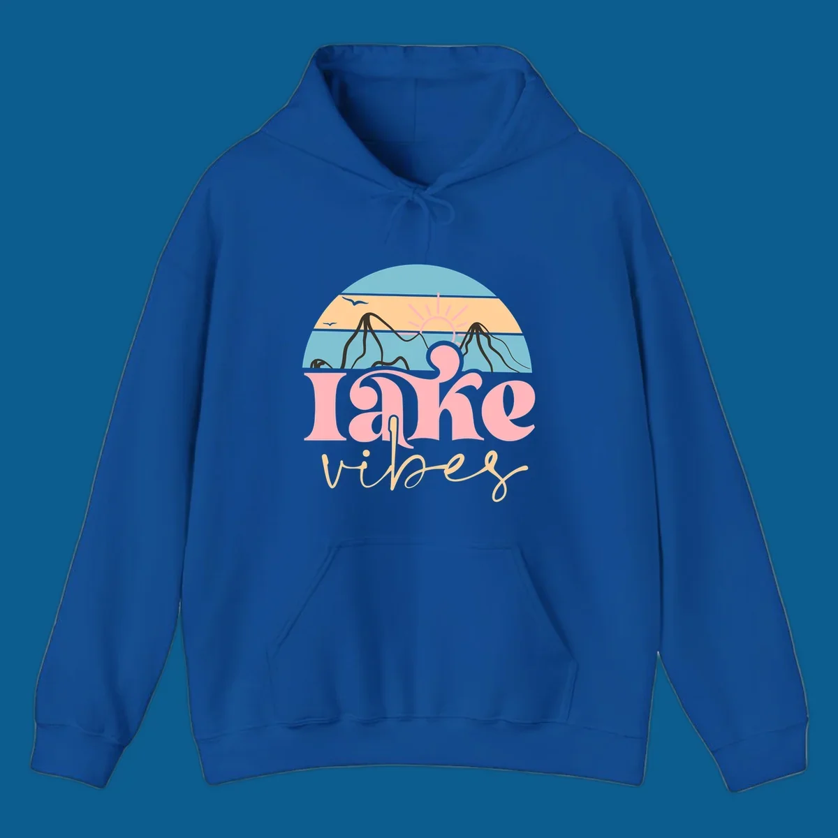 Retro lake vibes design with sunset, mountains, and birds. lake-vibes-retro